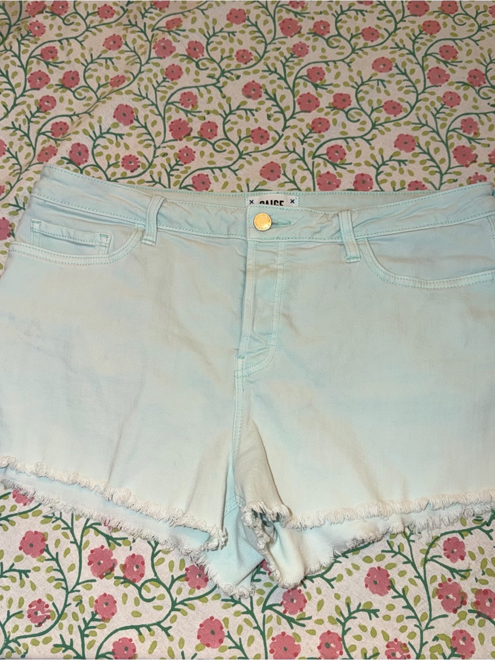 PAIGE Pale Blue Frayed Hem Denim Shorts